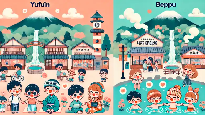 湯布院と別府、子連れ旅行に適したエリアをアニメ風で可愛く描いたイメージ画像。