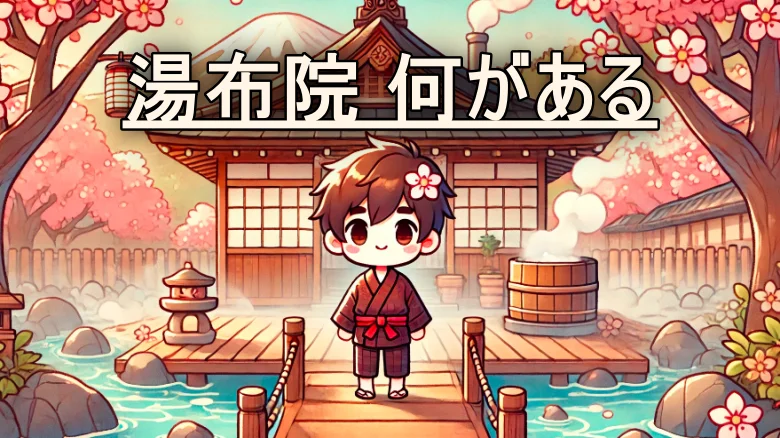 アニメ調キャラクターと湯布院温泉を背景にした観光案内イメージ