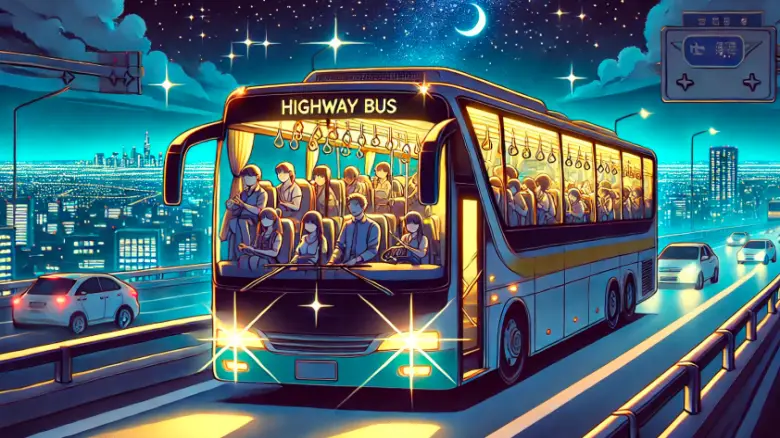 「佐世保駅から博多駅に向かう高速バスの夜景イラスト。バスの中の満員の乗客が窓越しに見える様子。」