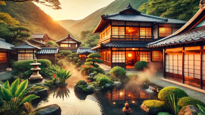 湯布院の和風宿、静かな庭園と温泉のある風景