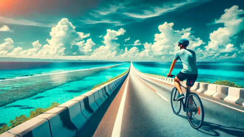沖縄海中道路をサイクリングする人。透き通る海に囲まれた絶景ロードを走行中。