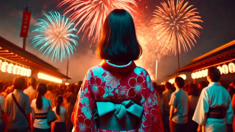 夏祭りの夜、浴衣姿の20代女性が夜空の花火を見上げている後ろ姿みやざき納涼花火大会