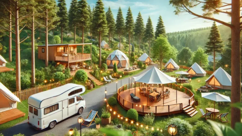 宮崎グランピング自然に囲まれたグランピング施設とキャンピングカーの風景、青空の下で贅沢なアウトドア体験を表現