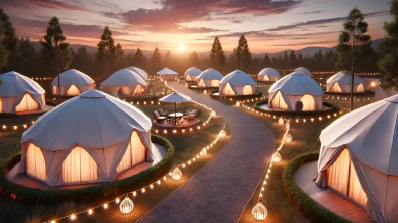 夕焼けに包まれたグランピング施設の風景、ドーム型テントと灯りがともる道が幻想的に広がる様子