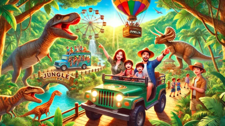 ジャングリア沖縄で家族が楽しむ恐竜と熱気球のアトラクション風景