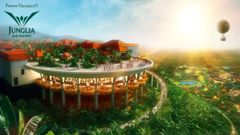 沖縄のジャングリア・リゾートとテーマパークの空撮イメージ、熱気球と熱帯の風景