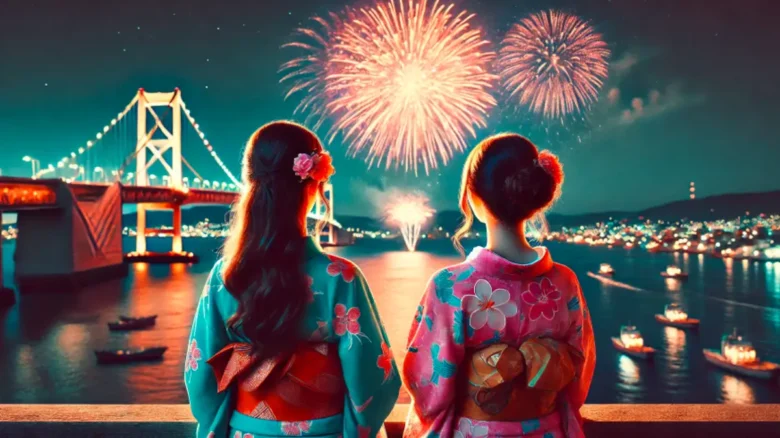 関門海峡で花火を眺める浴衣姿の20代女性2人の後ろ姿。夏の夜空に大輪の花火が打ち上がる。九州花火情報