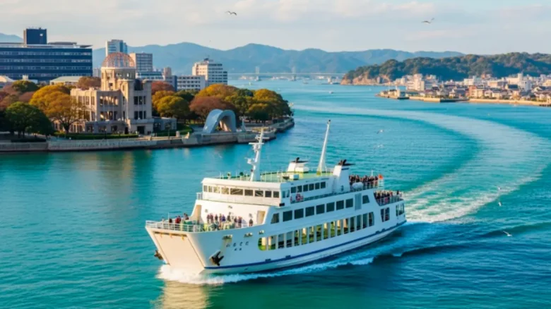 穏やかな瀬戸内海を航行する広島発大分行きのフェリー。快適な船旅をイメージさせる青い空と海が広がっている。