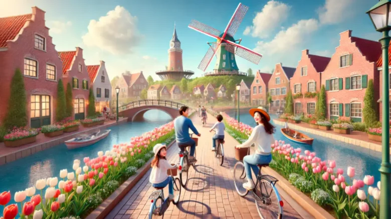 ハウステンボスを自転車で楽しむ家族連れの風景