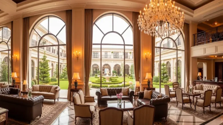 熊本市内の高級ホテルの豪華な洋風ロビー。大きな窓から光が差し込み、シャンデリアとクラシックなソファが置かれた、記念日の宿泊に最適な上質な空間。