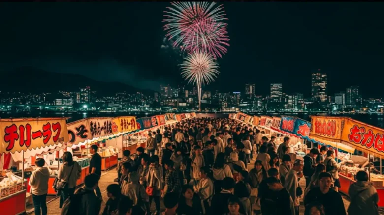 長崎みなとまつりの賑わう屋台と夜空に咲く花火