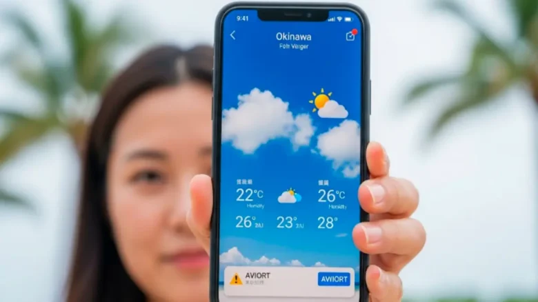  沖縄の天気予報をスマホ画面で確認する女性
