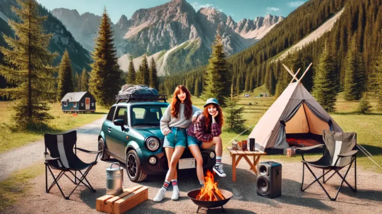 おしゃれな軽自動車とともに山のオートキャンプ場でアウトドアを楽しむ20代女性2人組