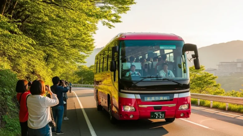 大分県別府市の杉乃井ホテルへ向かう観光バス。車窓から見える緑豊かな景色が、リゾートへの旅の期待感を高める。