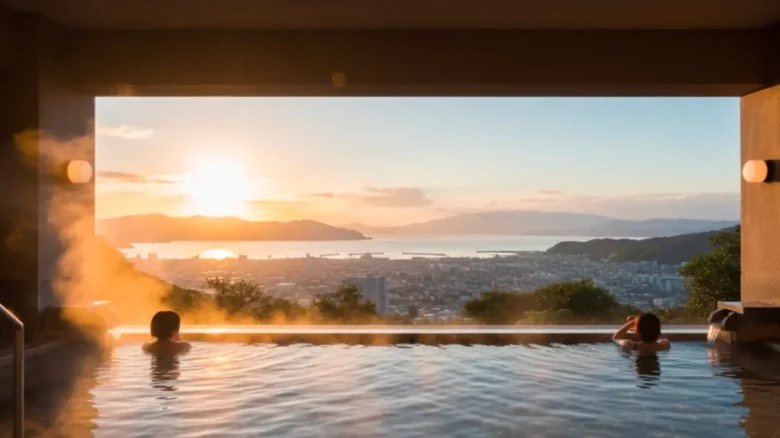 別府温泉 杉乃井ホテルの絶景露天風呂「棚湯」。別府湾と市街地のパノラマビューを望むインフィニティ温泉が朝日に照らされている。