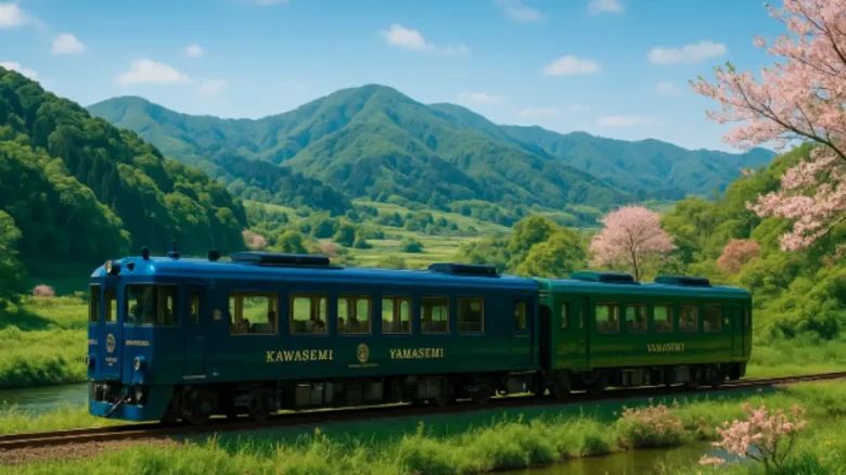 alt="JR九州の観光列車かわせみ やませみが阿蘇の自然を走る風景"