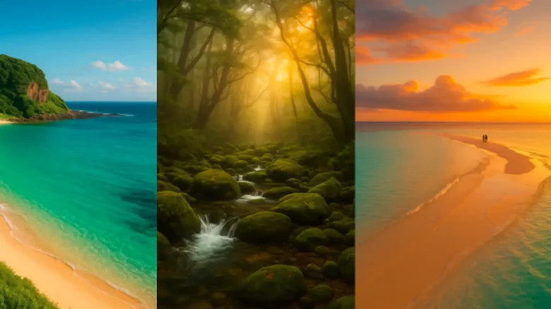 九州の離島リゾートで出会える絶景、辰ノ島のエメラルドビーチ、屋久島の白谷雲水峡、与論島の百合ヶ浜の幻想的な風景