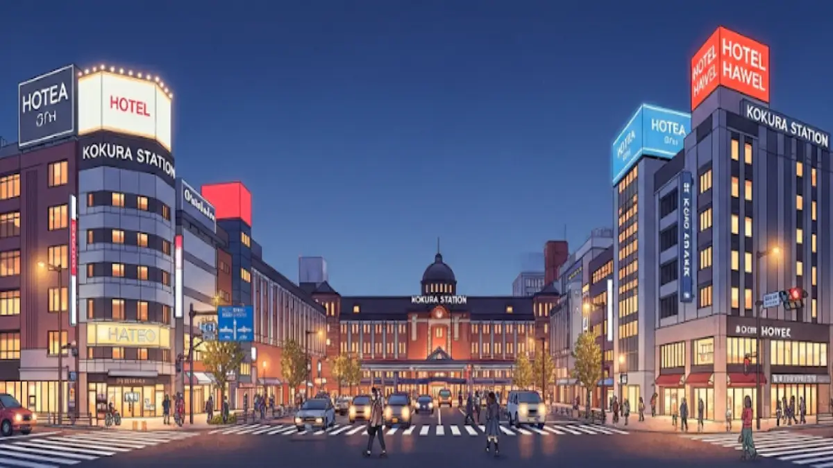 小倉駅前イメージ 宿泊プラン特集 小倉駅前とホテル外観のイラスト 宿泊プラン特集