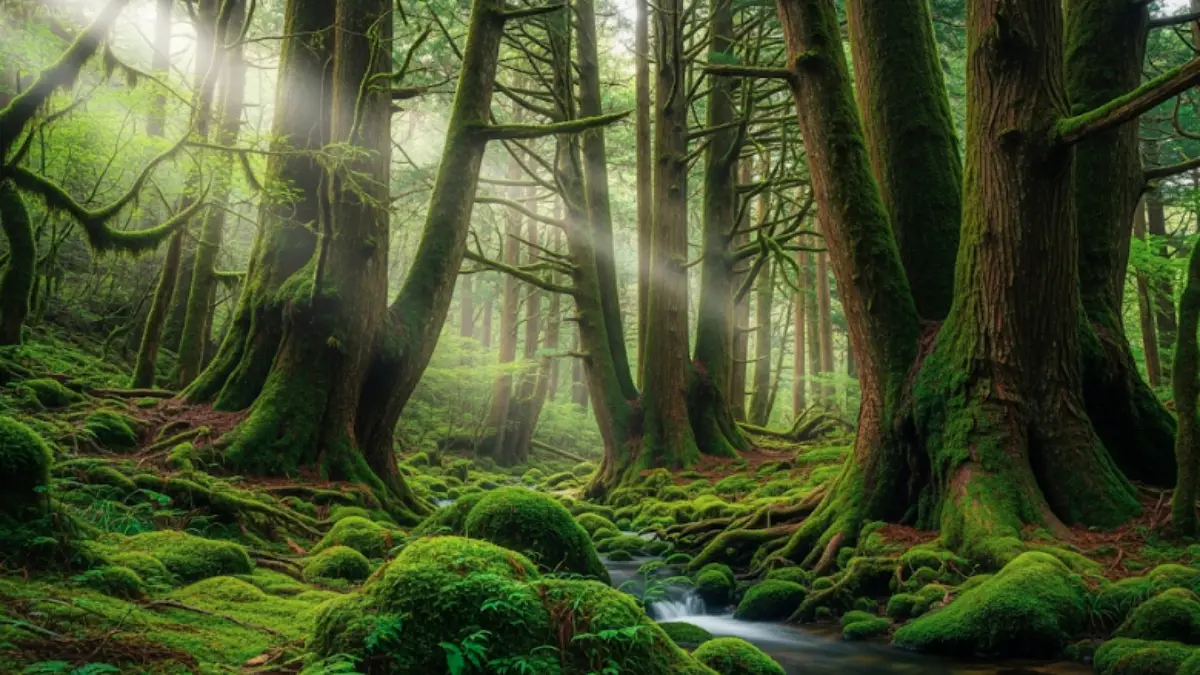 屋久島の幻想的な苔むす森 屋久島の苔むす森と木漏れ日の幻想的な景観、もののけ姫を想わせる自然の美しさ
