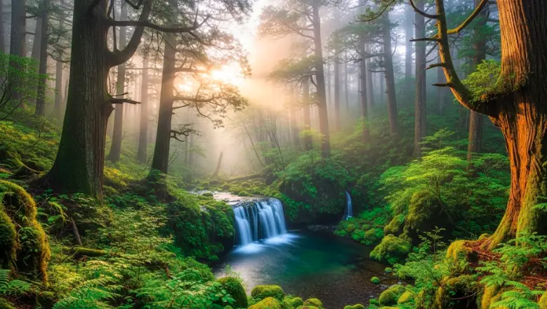 屋久島の滝ともののけ姫の情景 屋久島の滝と苔むす岩肌、もののけ姫の背景を彷彿とさせる神秘の水景