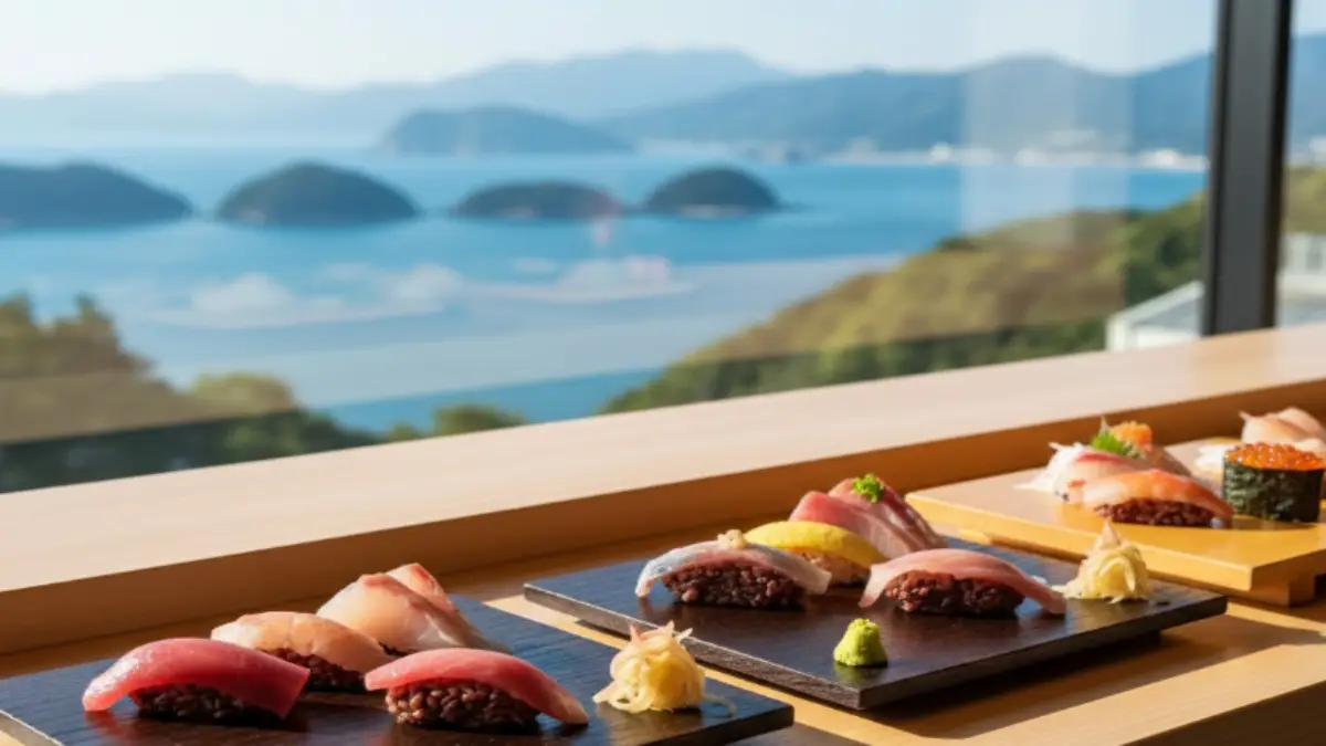 天草の海を背景にした鮓たいとの寿司カウンター。黒糖シャリと地魚の握りが木のカウンターに並ぶ。