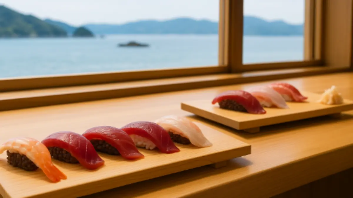 天草寿司 ミシュラン記事用バナー。天草の海を背景にした鮓たいとの寿司カウンターと黒糖シャリの握り。