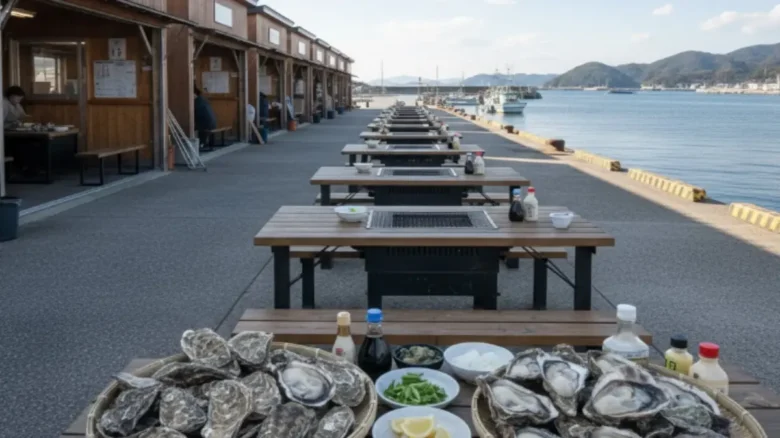 糸島漁港と牡蠣小屋が並ぶ冬のシーズン風景