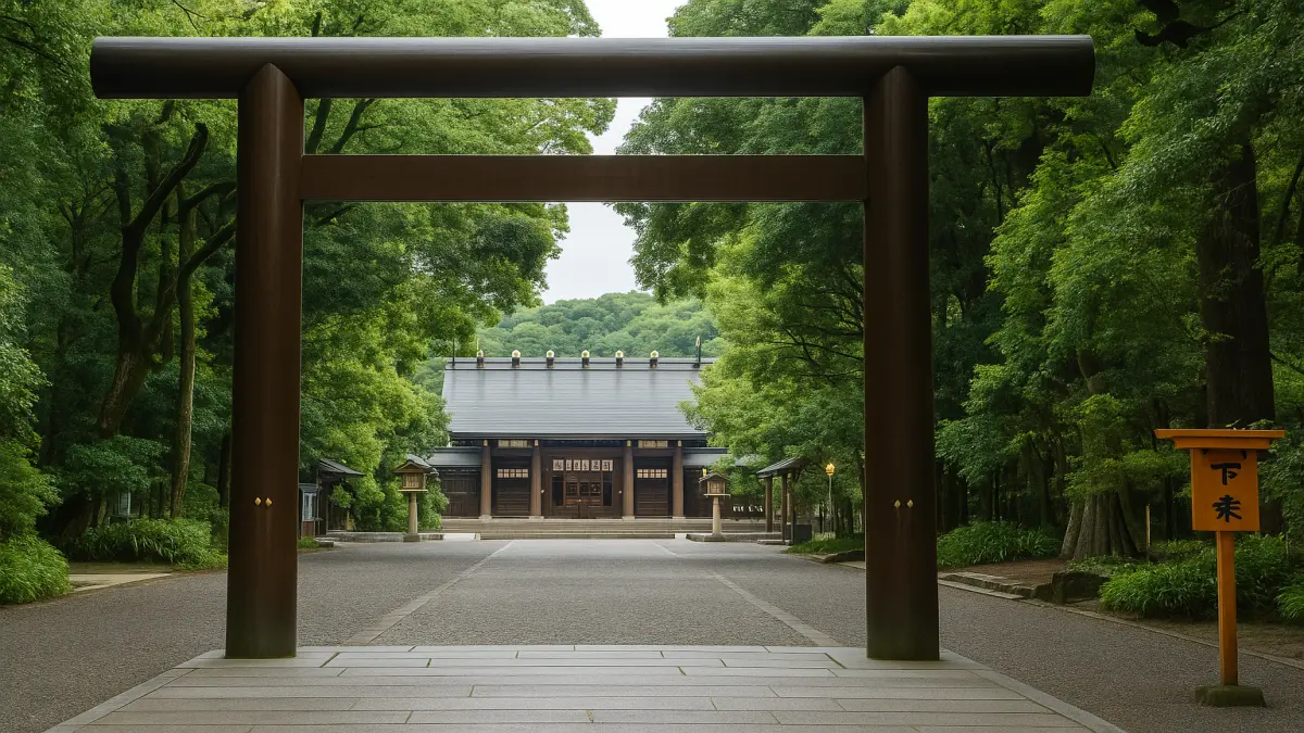 宮崎神宮の鳥居と深い森に続く参道の入口。初詣で人気の静謐な境内風景