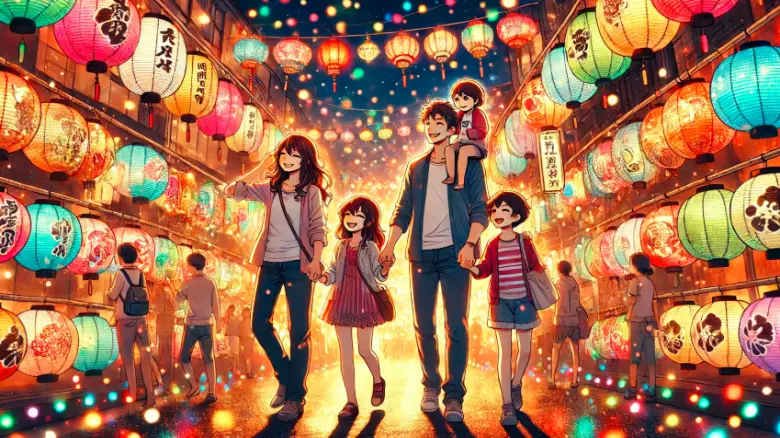 30代の夫婦と子供2人が長崎ランタンフェスティバルでランタンを楽しむ様子。