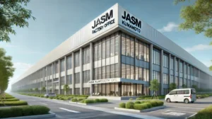 JASM熊本工場オフィス事務所の外観。ガラスとスチールを使用した近代的な建物が青空の下に立地しています。周囲には緑地が整備されています。