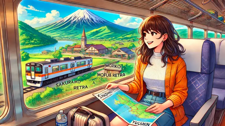 若い女性が電車の窓から九州の美しい風景を眺めているアニメ風イラスト