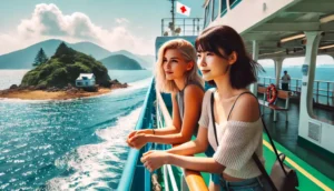 夏の壱岐・対馬旅行でフェリーに乗る20代女性2人組（ショートカットの金髪女性とロングヘアの女性）