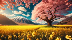 熊本県南阿蘇村の一心行の大桜と菜の花畑、背景に広がる美しい山々の風景