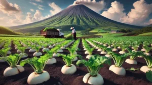 桜島大根が育つ活火山のふもとの農地風景。鹿児島県桜島の火山灰土壌で栽培される様子。
