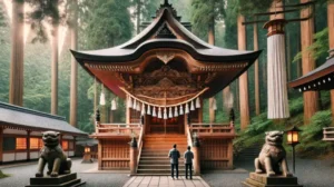 杉林に囲まれた神秘的な神社の本殿と参拝者、狛犬が見守る参道の風景
