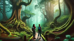 屋久島の神秘的な森の中、巨大な屋久杉と苔むした木々に囲まれた遊歩道を歩く20代女性2人の後ろ姿