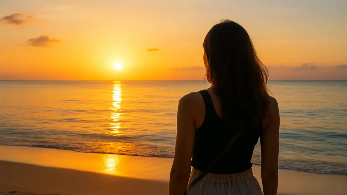 西表島の海を眺めるスタイリッシュな20代女性の後ろ姿と夕日