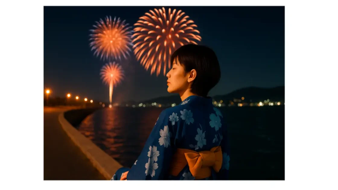 関門海峡花火大会を浴衣姿で楽しむ20代女性の横長写真。夜空に大きな花火が打ち上がり、川沿いで観覧中。