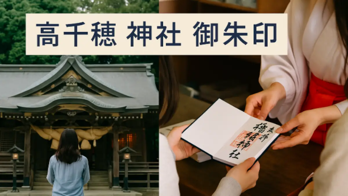 高千穂神社で御朱印を受け取る参拝者の後ろ姿と御朱印授与の様子