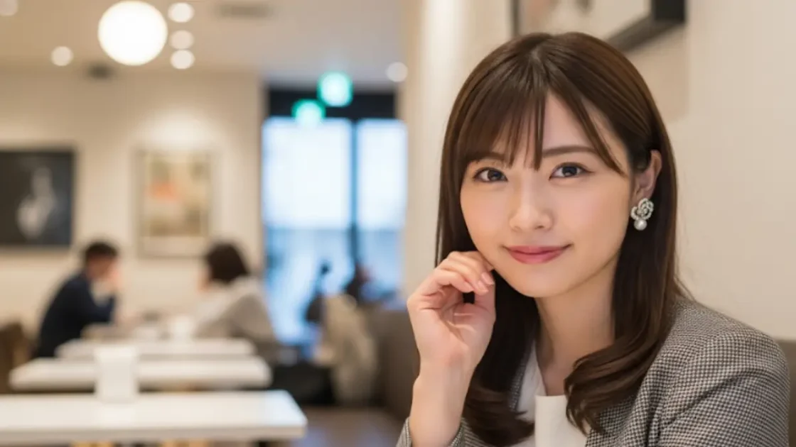 福岡のお洒落なカフェで微笑む、福岡美人の特徴を持つ美しい日本人女性