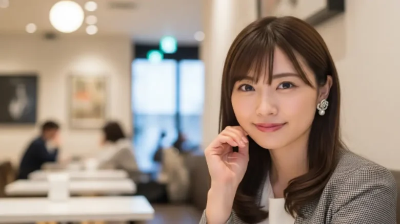 福岡のお洒落なカフェで微笑む、福岡美人の特徴を持つ美しい日本人女性