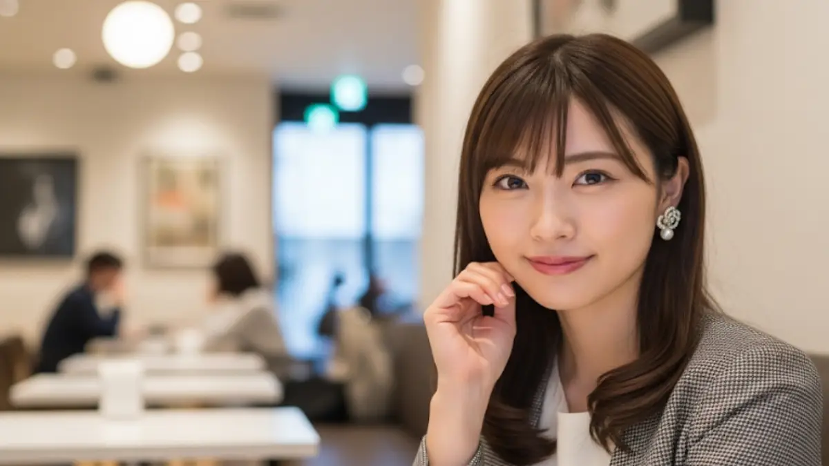 福岡のお洒落なカフェで微笑む、福岡美人の特徴を持つ美しい日本人女性