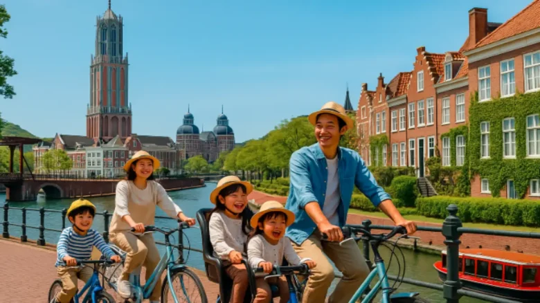 ハウステンボスを自転車で楽しむ家族の様子