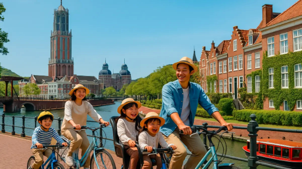 ハウステンボスを自転車で楽しむ家族の様子