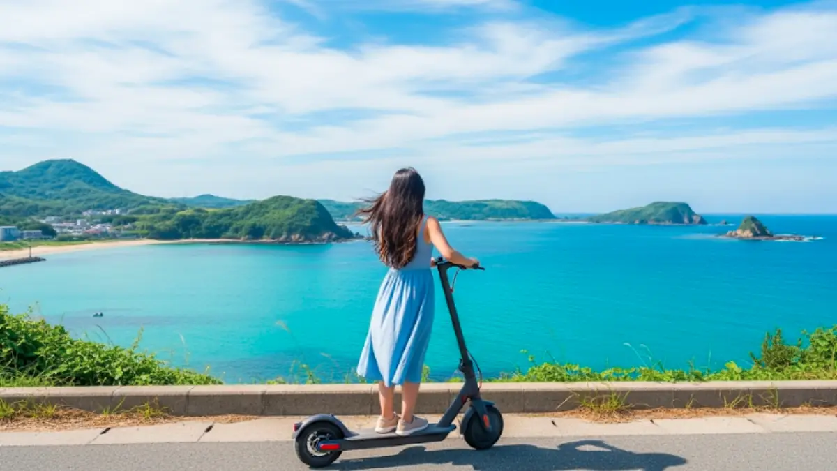 糸島の海沿いを電動キックボードで走る女性の後ろ姿