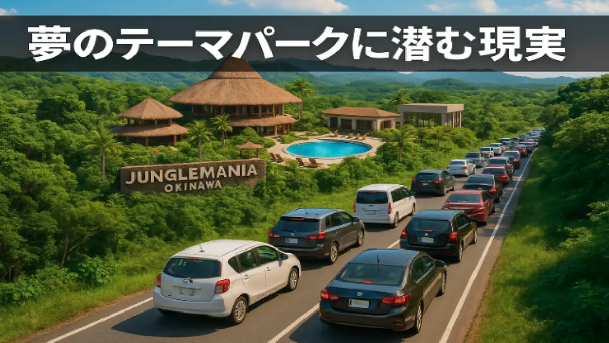 ジャングリア沖縄のリゾートと、その前に続く交通渋滞の様子を対比させたイメージ画像