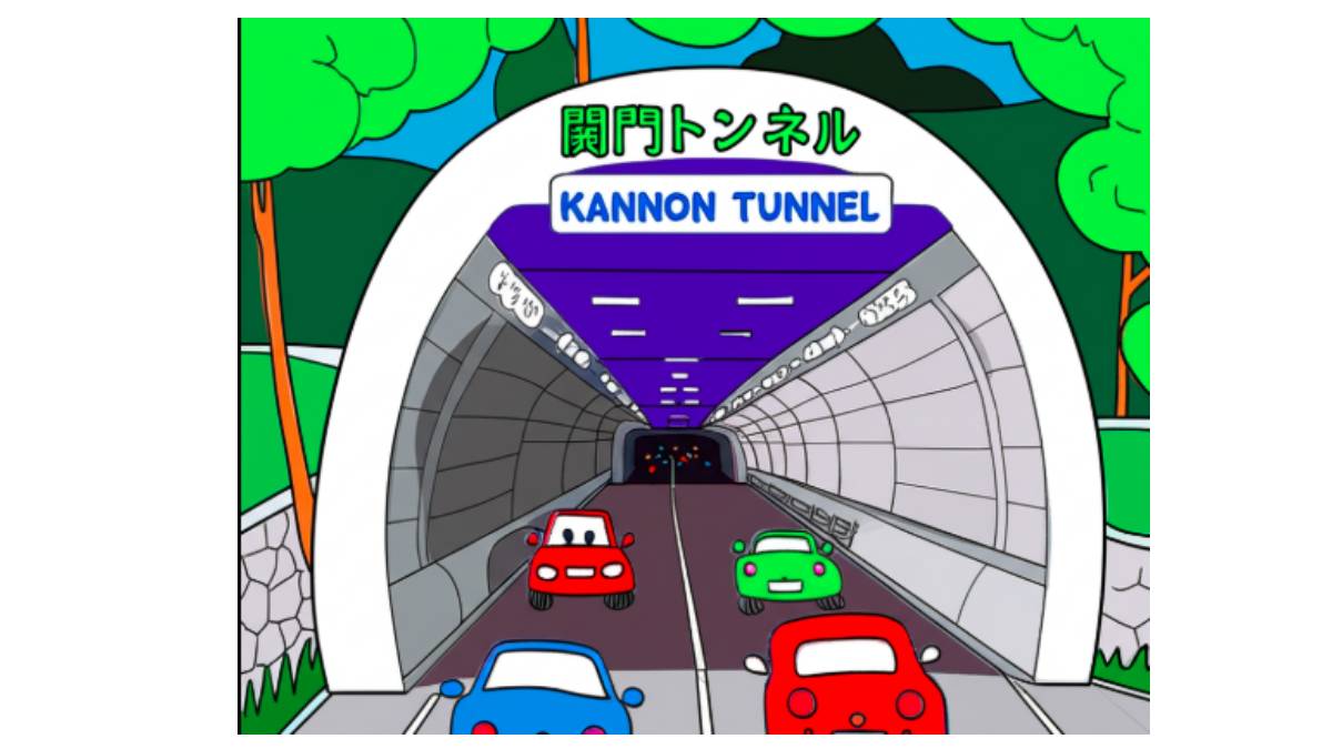関門トンネルの構造を示す断面図。上段に車道、下段に歩行者用の人道トンネルが描かれ、それぞれの入口に「関門トンネル」の看板がある様子。背景は関門海峡の空。