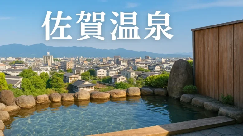 佐賀の街並みを背景にした露天風呂の絶景写真