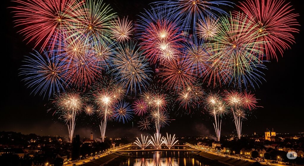 夜空全体に広がる、赤、金、青、緑の色鮮やかな花火。川面に街の灯りが反射している。