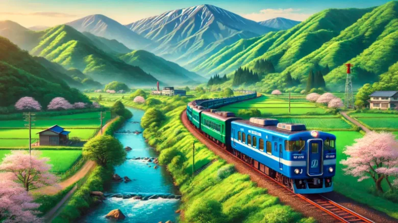 JR九州の観光列車「かわせみ やませみ」が阿蘇の緑豊かな山々を走る風景